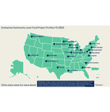 Enterprise Community Loan Fund Project Profiles YE 2023 notated in each state with a blue icon 