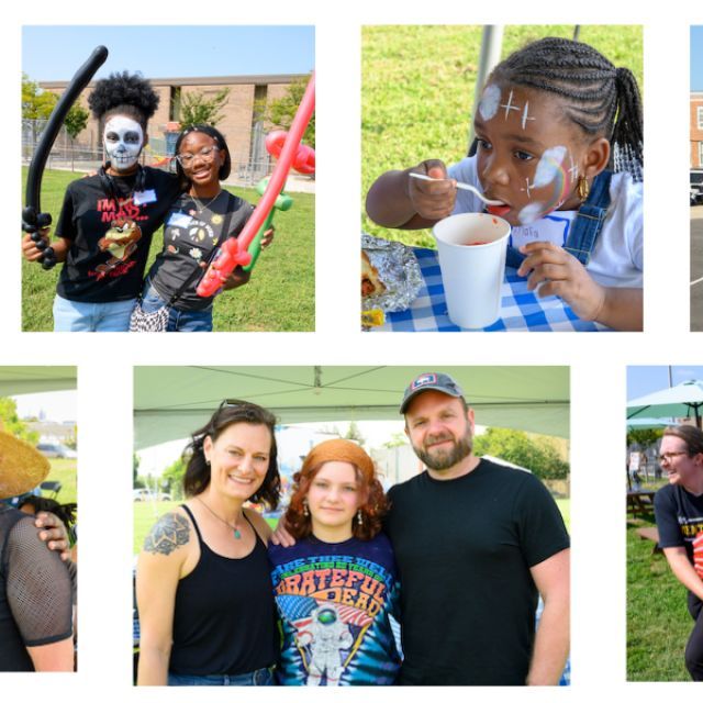 Photo collage of children with face painting and adults at the 20th EWN Celebration