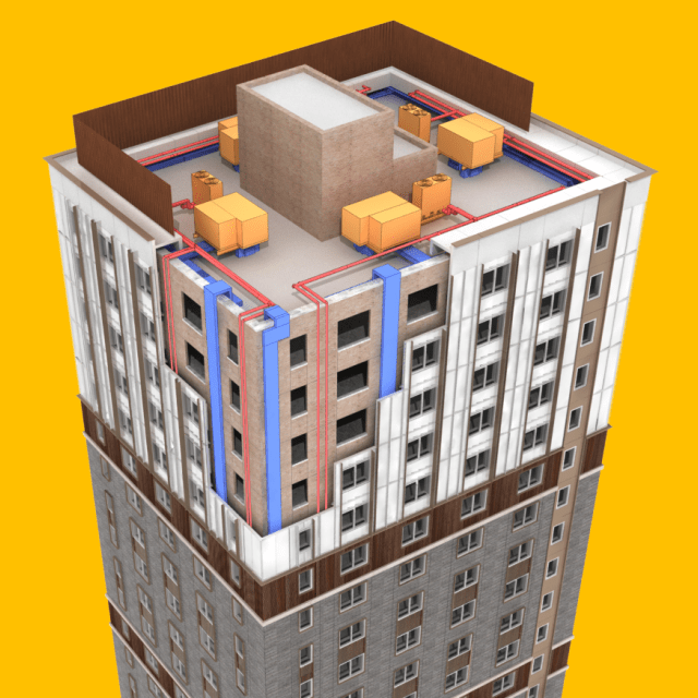 Model of a multistory apartment building with exterior panels