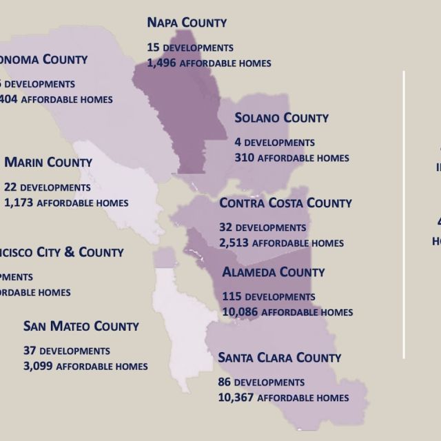 Map of the Bay Area with shaded to show the different developments in each county