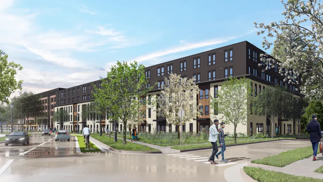 An artist's rendering of an apartment building