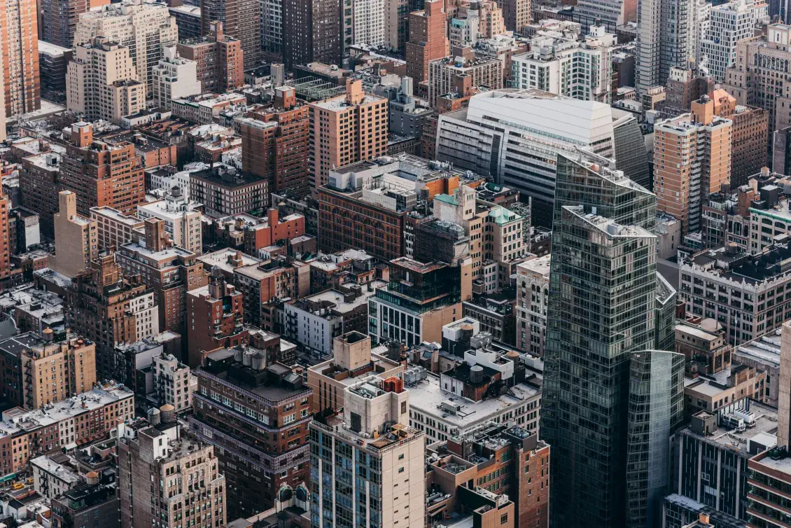 Manhattan skyline showing density of tall brown buildings