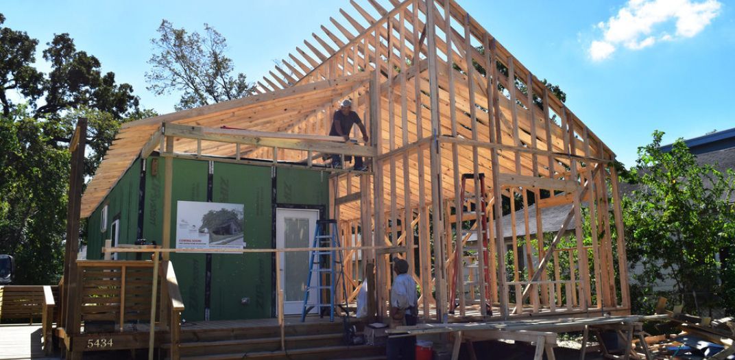 house being constructed, in framing stages
