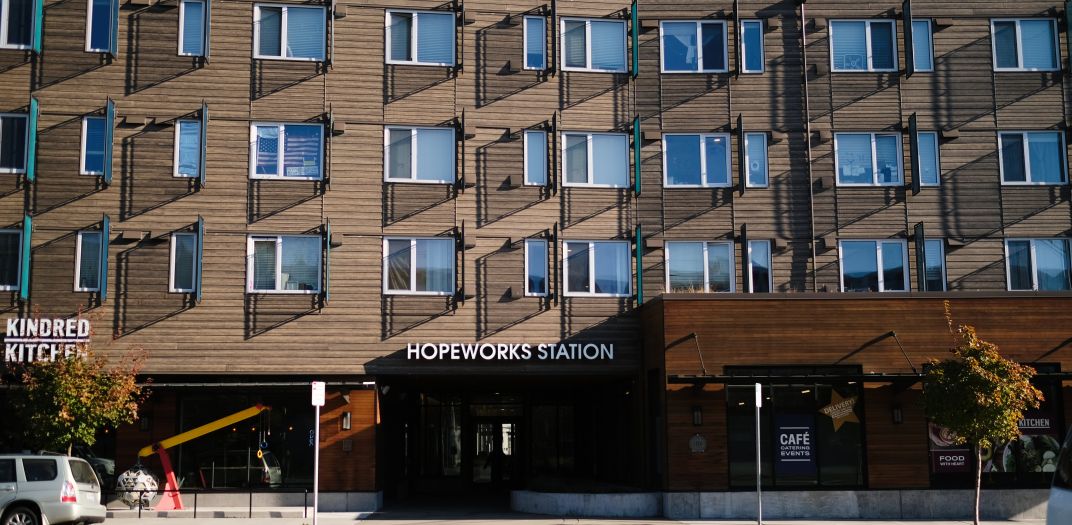 Entrance of the Hopeworks Station apartment building