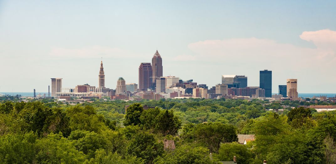 City skyline with treetops from parks and neighborhoods in the foreground