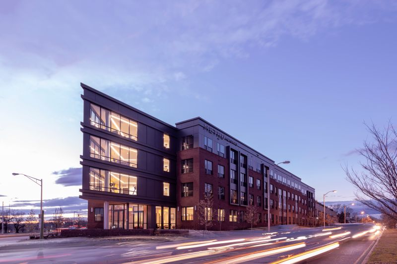 Streetview of the Metro Heights Apartments, a 4-story building at a street corner