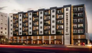 Colorful rendering of apartment building