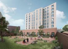 A rendering showing Green Communities certified multifamily affordable housing under development with residents shown enjoying the property's courtyard. 