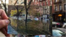 Photo of postcard and background of flooded street