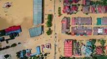 Aerial view of a town affected by flood damage
