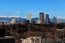 View of Denver skyline with Rocky mountains