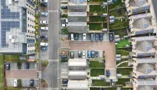 Aerial view of community with solar panels
