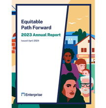 Equitable Path Forward 2023 Annual Report Issued in April 2024 and an illustration of people with homes in the background