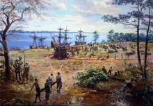 Sailing ships landing in the New World