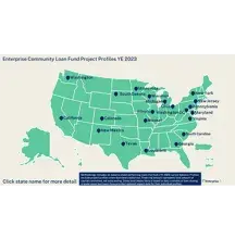 Enterprise Community Loan Fund Project Profiles YE 2023 notated in each state with a blue icon 
