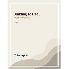 Enterprise Building to Heal Tools Catalogue June 2024 text on an illustration of neutral shaded hills