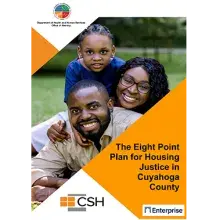 The Eight Point Plan for Housing Justice in Cuyahoga County in an orange triangle and an image of a family