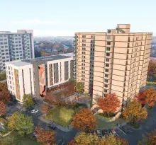 Aerial view of apartment buildings and trees