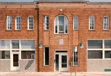 Entrance of a brick apartment building