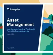 Enterprise Asset Management Low-Income Housing Tax Credit Portfolio Trends Analysis Year 2025 text on a navy background overlaid on an illustration