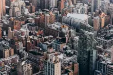 Manhattan skyline showing density of tall brown buildings