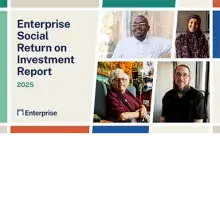 Enterprise Social Return on Investment Report 2025 in navy text next to a table of four images of people