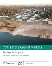 Aerial view of a coastal community. CDFIs & the Capital Markets: Scaling for Impact, Elise Balboni, Kathleen Keefe, and Anna Smukowski, logos of Enterprise and LISC underneath