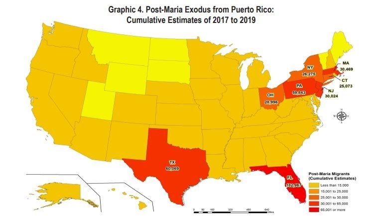 New York's Center for Puerto Rican Studies at Hunter College map of Puerto Ricans who relocated to the U.S. after Hurricane Maria