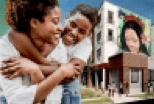 woman and child in front of apartment building hug