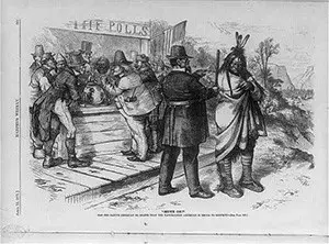 "Move On," Thomas Nast's political cartoon in Harper's Weekly, April 22, 1871, which points out the enfranchisement of naturalized citizens and not Native Americans, country's original inhabitants