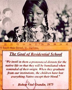 Native American child in 1875 with text about residential schools
