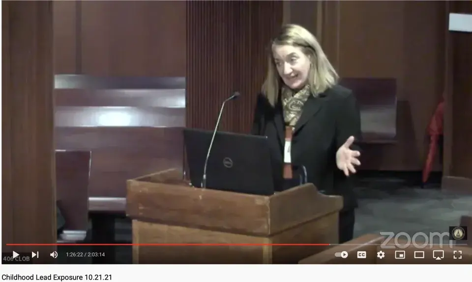 White woman with blonde hair testifying at a podium