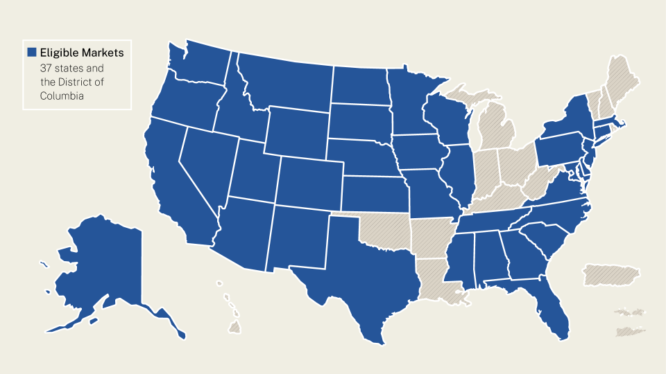 United States map with 37 eligible states and the District of Columbia shaded in blue for the Housing Affordability Breakthrough Challenge