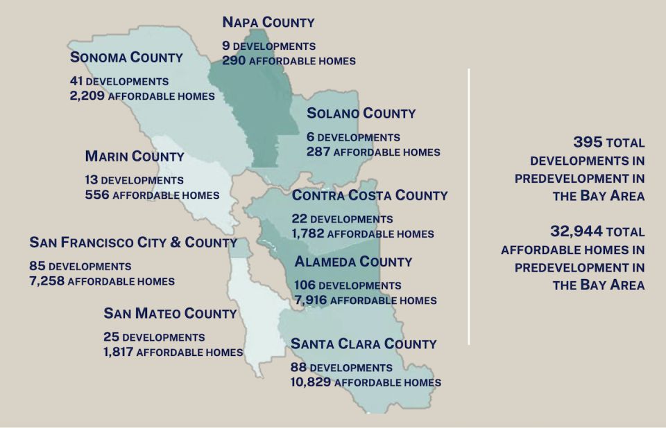Map of Bay Area Counties and Number of Affordable Homes in Predevelopment