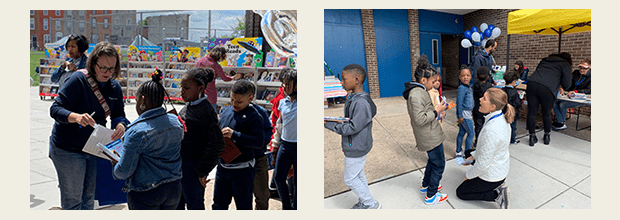 Children and adults at an outdoor book fair