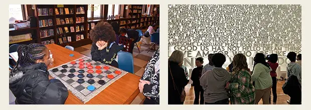 Two children play checkers in the library. Youth and adults stand in front of a lighted wall with decorated words.