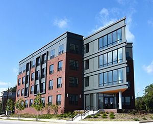 View of the main entrance of Metro Heights building