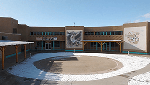 Indian Pueblo Cultural Center courtyard with snow on the ground