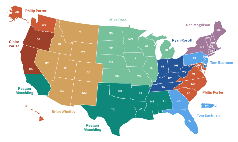 Map of the United States shaded in different colors to show the regions represented by an originator