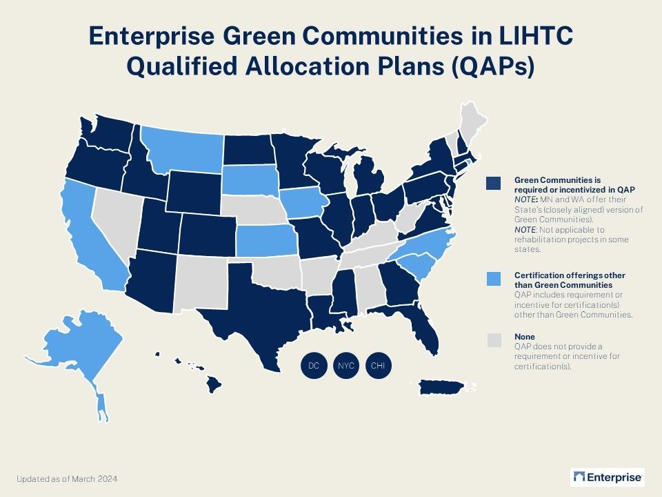 Enterprise Green Communities in LIHTC Qualified Allocation Plans shaded on the map of the United States
