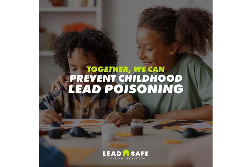 Together, we can prevent childhood poisoning printed on top of an image of two children at a table with watercolor paints