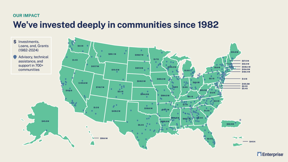 Enterprise's impact across the United States that shows the communities we've invested deeply since 1982