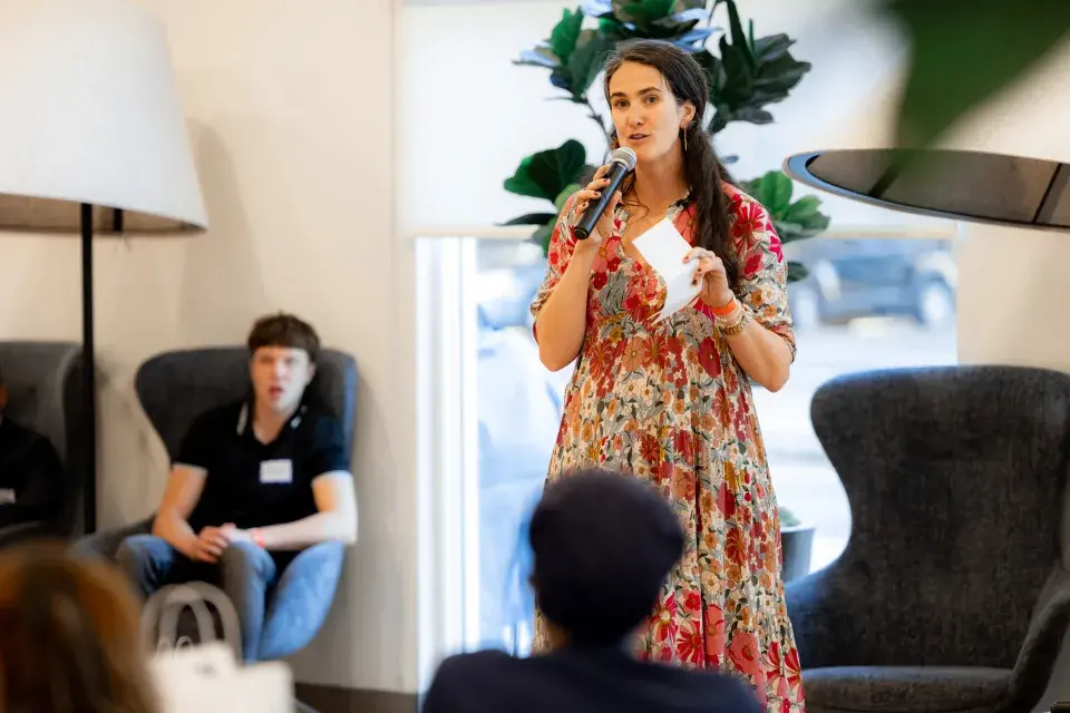 Micaela Connery speaking at the housewarming event for the Kelsey Ayer Station