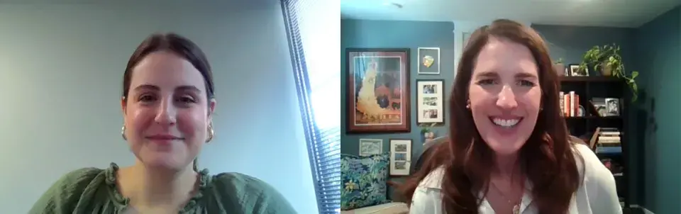 Two smiling people captured from a Zoom screen