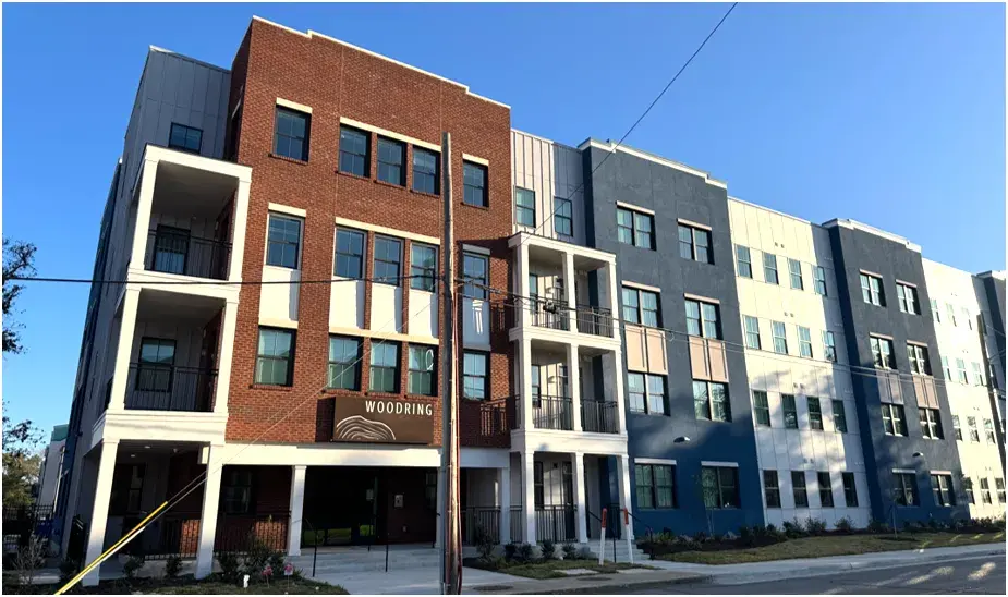 Facade of apartment building with blue sky in background