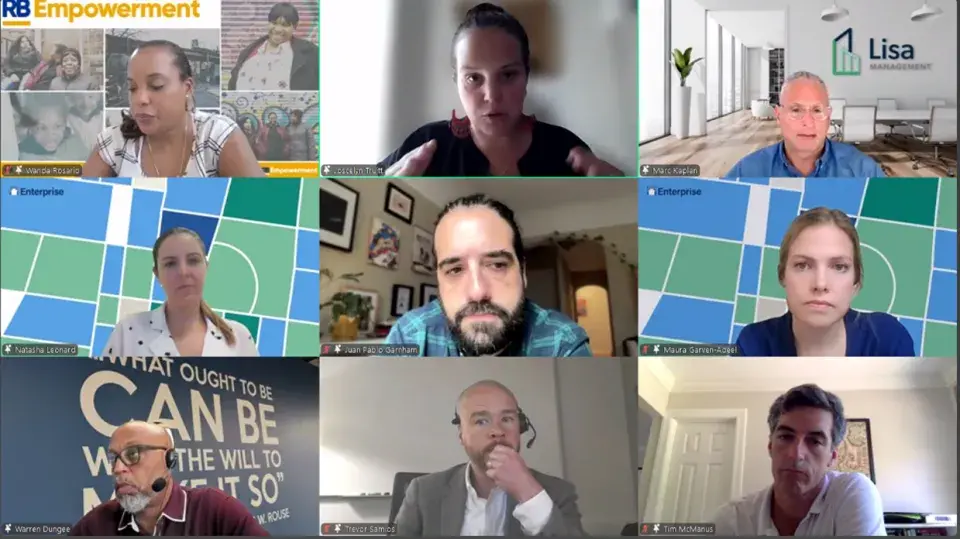 An photo collage of 9 panelists from the Beyond Rent Collection webinar