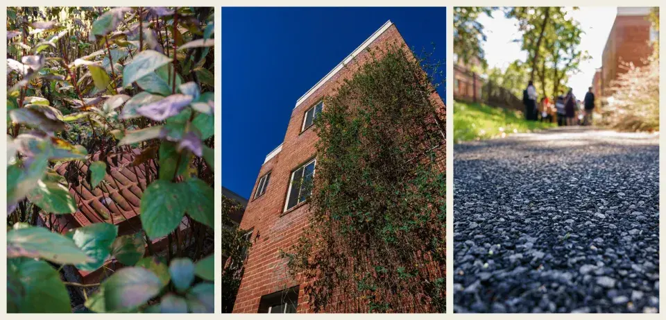 Trio of images showing different climate-resilient features of a multi-level brick building