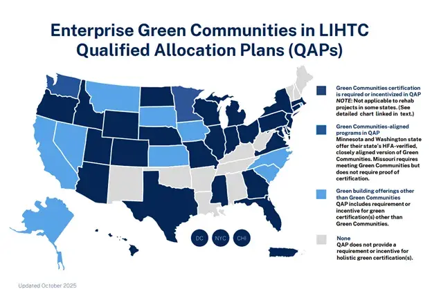 Map of United States shaded in different colors of blue and light gray to indicate the states with Enterprise Green Communities in LIHTC qualified action plans