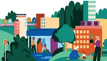 Illustration of a family in one of many apartment buildings, an EV charging station, people planting, and a person holding a potted plant