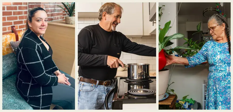 Trio of images featuring a person sitting and smiling, a person cooking at the stove, and a person watering houseplants